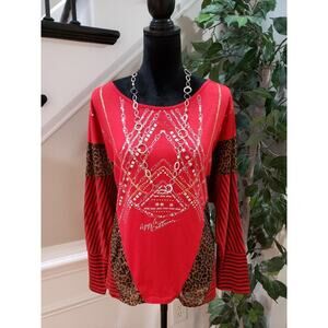 Apple Bottoms Women's Red Polyester Round Neck Long Sleeve Top Blouse Size 2X